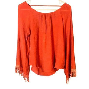 Robin K Boho Gauze Burnt Orange Open Back Tasseled Bell-sleeve Top